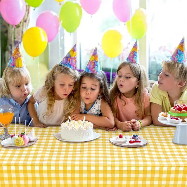 Alt view image 6 of 6 - 2 Pack Yellow Gingham Tablecloth Decorations, Yellow and White Checkered Background Disposable Plastic Tablecloth, 54 x 108 Inch for Birthday Party, Outdoor Dinner, Holiday Party Deco