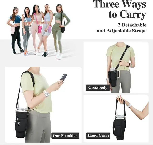 Alt view image 2 of 7 - Water Bottle Carrier Bag for Stanley Cup 40/30oz with Phone Holder Pockets,Neoprene Water Bottle Cross-body Bag with Adjustable Shoulder & Hand Strap Stanley Cup Accessories