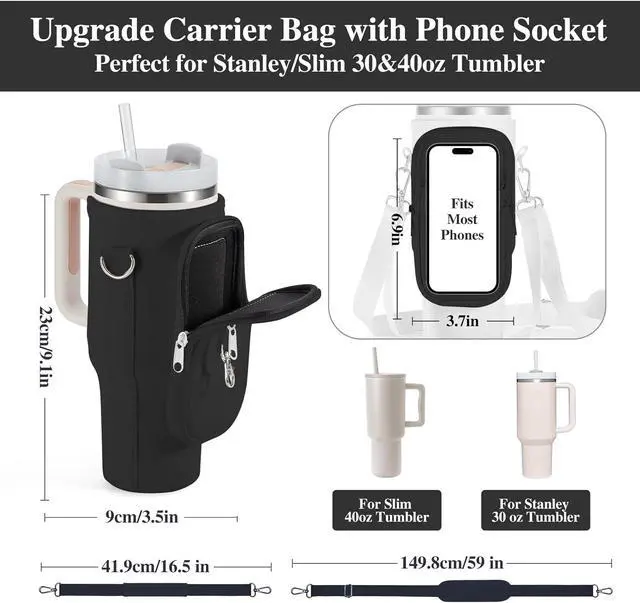 Alt view image 4 of 7 - Water Bottle Carrier Bag for Stanley Cup 40/30oz with Phone Holder Pockets,Neoprene Water Bottle Cross-body Bag with Adjustable Shoulder & Hand Strap Stanley Cup Accessories