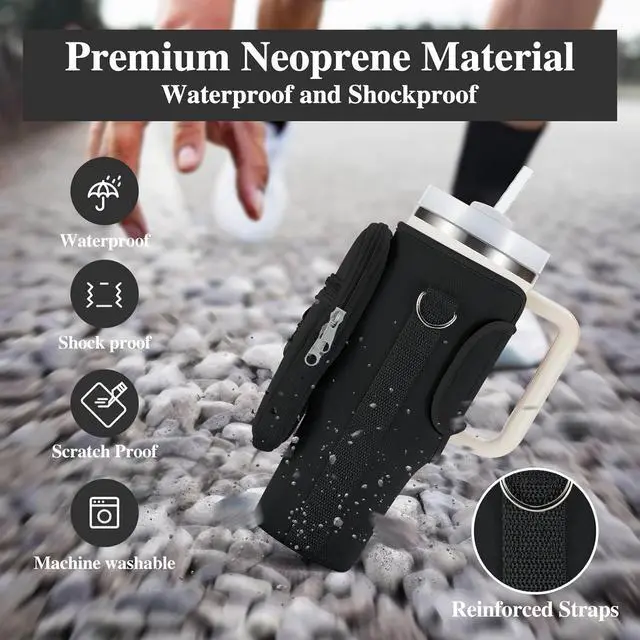 Alt view image 5 of 7 - Water Bottle Carrier Bag for Stanley Cup 40/30oz with Phone Holder Pockets,Neoprene Water Bottle Cross-body Bag with Adjustable Shoulder & Hand Strap Stanley Cup Accessories