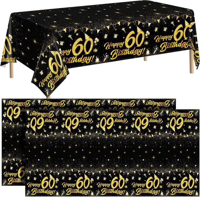 Main image of 2 Pack 60th Birthday Tablecloth Table Cover Plastic Black Gold Happy Tablecloth Waterproof Rectangular Table Cloth Cover for Indoor or Outdoor Parties Birthday