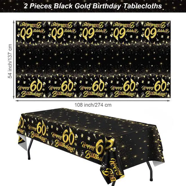 Alt view image 2 of 7 - 2 Pack 60th Birthday Tablecloth Table Cover Plastic Black Gold Happy Tablecloth Waterproof Rectangular Table Cloth Cover for Indoor or Outdoor Parties Birthday