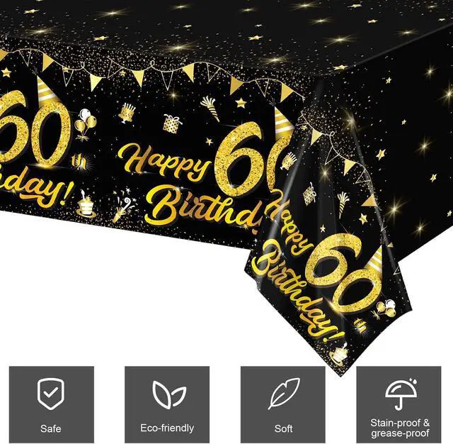 Alt view image 4 of 7 - 2 Pack 60th Birthday Tablecloth Table Cover Plastic Black Gold Happy Tablecloth Waterproof Rectangular Table Cloth Cover for Indoor or Outdoor Parties Birthday