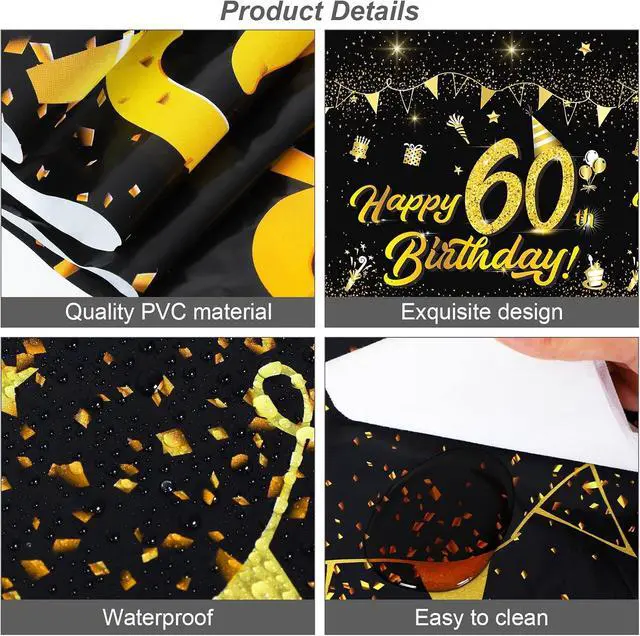 Alt view image 3 of 7 - 2 Pack 60th Birthday Tablecloth Table Cover Plastic Black Gold Happy Tablecloth Waterproof Rectangular Table Cloth Cover for Indoor or Outdoor Parties Birthday