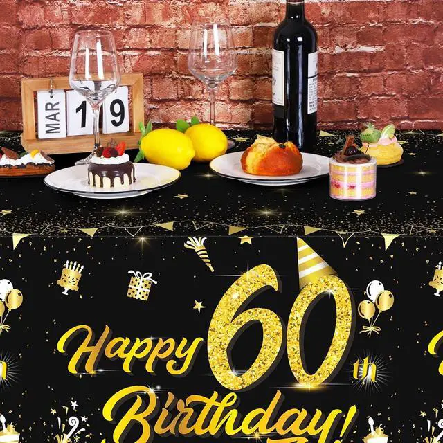 Alt view image 5 of 7 - 2 Pack 60th Birthday Tablecloth Table Cover Plastic Black Gold Happy Tablecloth Waterproof Rectangular Table Cloth Cover for Indoor or Outdoor Parties Birthday