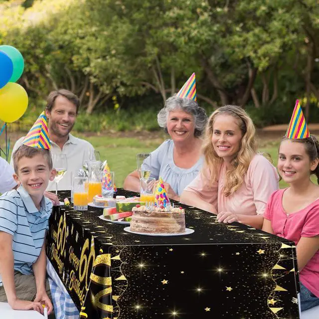 Alt view image 7 of 7 - 2 Pack 60th Birthday Tablecloth Table Cover Plastic Black Gold Happy Tablecloth Waterproof Rectangular Table Cloth Cover for Indoor or Outdoor Parties Birthday