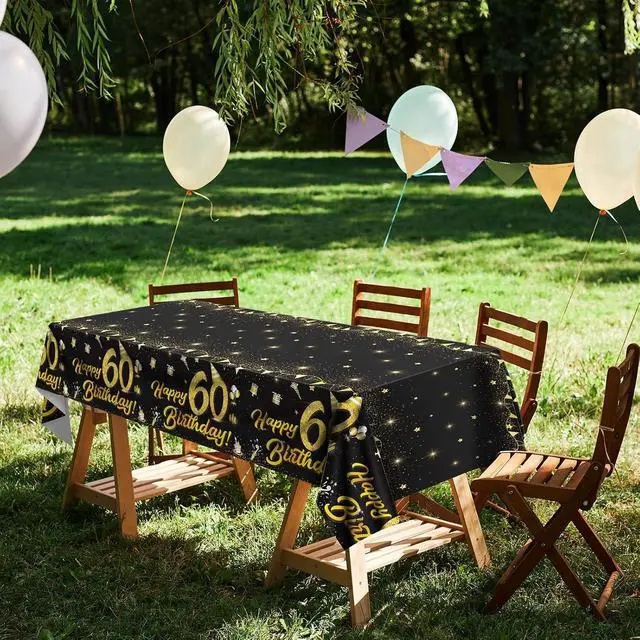 Alt view image 6 of 7 - 2 Pack 60th Birthday Tablecloth Table Cover Plastic Black Gold Happy Tablecloth Waterproof Rectangular Table Cloth Cover for Indoor or Outdoor Parties Birthday