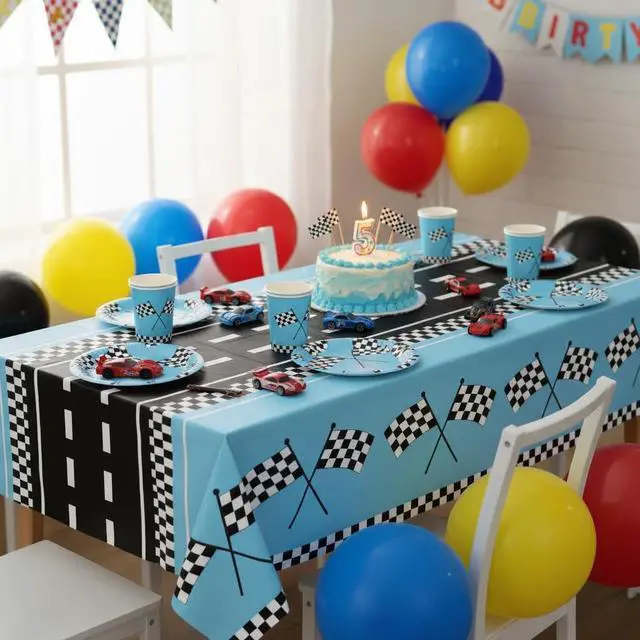 Alt view image 3 of 7 - 4Pcs Racing Car Tablecloths Car Birthday Party Supplies Road Table Cloth Race Car Party Table Cover Blue Racing Theme Party Car Decorations of 51 X 86IN