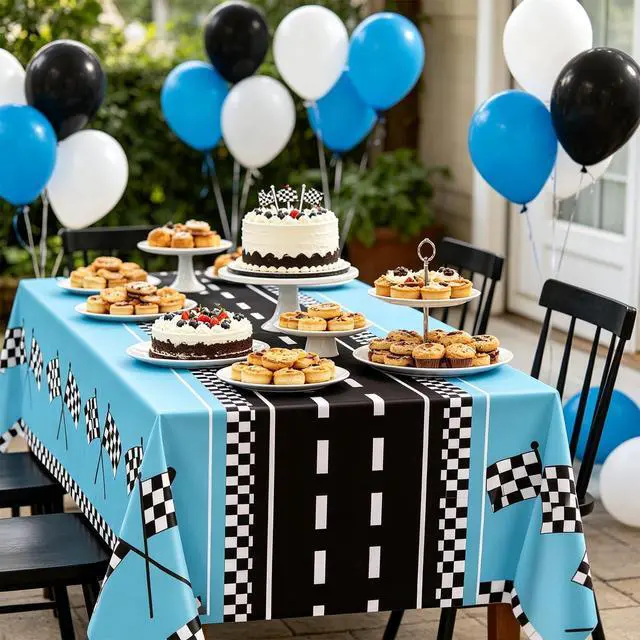 Alt view image 2 of 7 - 4Pcs Racing Car Tablecloths Car Birthday Party Supplies Road Table Cloth Race Car Party Table Cover Blue Racing Theme Party Car Decorations of 51 X 86IN
