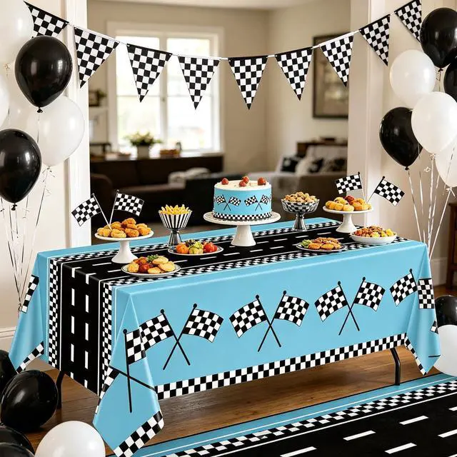 Alt view image 6 of 7 - 4Pcs Racing Car Tablecloths Car Birthday Party Supplies Road Table Cloth Race Car Party Table Cover Blue Racing Theme Party Car Decorations of 51 X 86IN