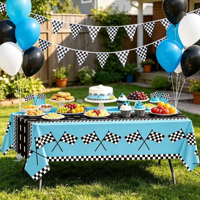 Alt view image 4 of 7 - 4Pcs Racing Car Tablecloths Car Birthday Party Supplies Road Table Cloth Race Car Party Table Cover Blue Racing Theme Party Car Decorations of 51 X 86IN