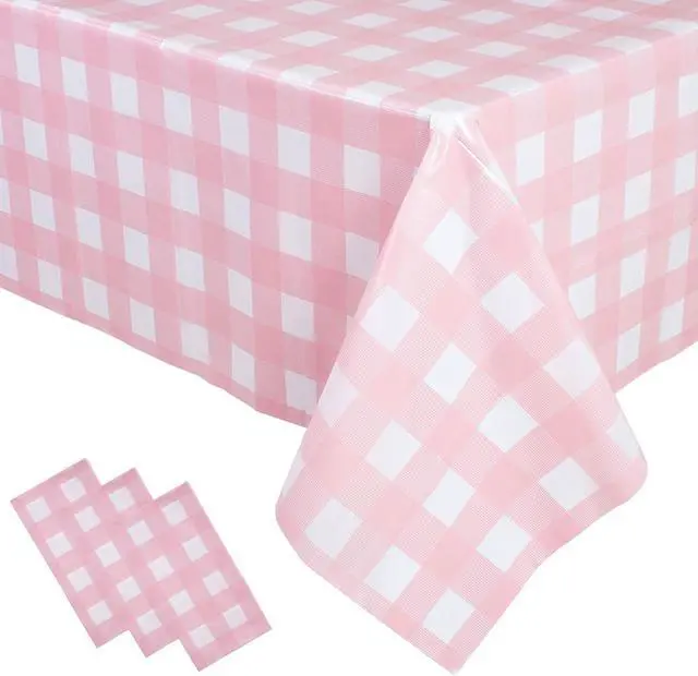 Main image of 3 Packs Pink Gingham Tablecloth 54 x 108 Inches Pink and White Checkered Disposable Plastic Waterproof Picnic Table Cover for Camping and Birthday Party Supplies
