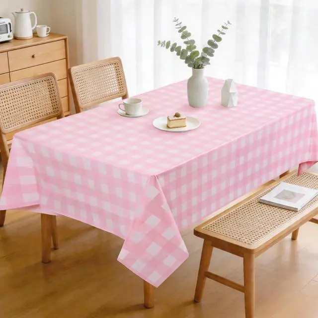Alt view image 2 of 7 - 3 Packs Pink Gingham Tablecloth 54 x 108 Inches Pink and White Checkered Disposable Plastic Waterproof Picnic Table Cover for Camping and Birthday Party Supplies