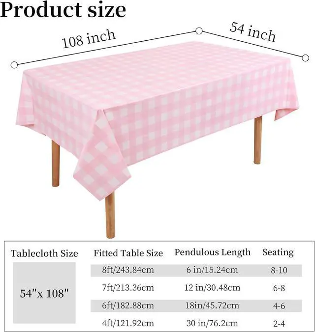 Alt view image 4 of 7 - 3 Packs Pink Gingham Tablecloth 54 x 108 Inches Pink and White Checkered Disposable Plastic Waterproof Picnic Table Cover for Camping and Birthday Party Supplies