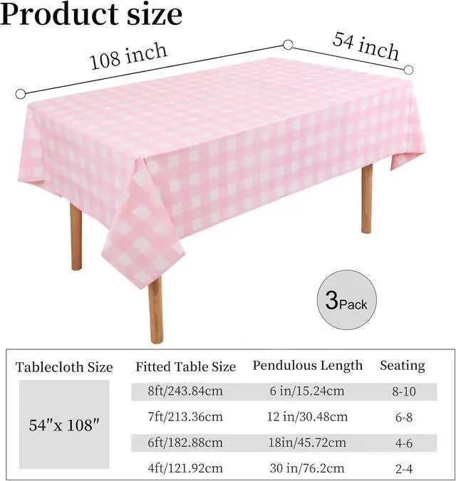 Alt view image 5 of 7 - 3 Packs Pink Gingham Tablecloth 54 x 108 Inches Pink and White Checkered Disposable Plastic Waterproof Picnic Table Cover for Camping and Birthday Party Supplies
