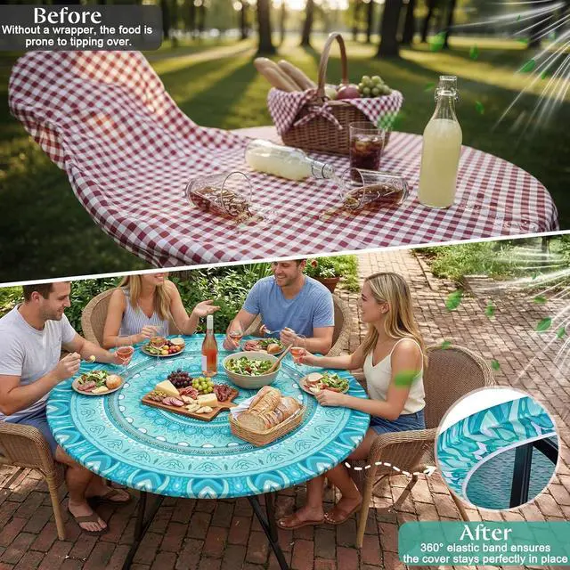 Alt view image 4 of 7 - Round Tablecloth Fitted Elastic Waterproof Table Cover for 36"-44" Tables