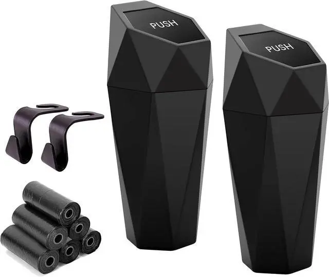 Main image of Car Trash Can Cup Holder, 2 Pack Mini Trash Can with Lid, Car Accessories for Interior, Leakproof Small Trash Cup for Home with Additional 2 ABS Hooks and 90pcs Trash Bags Black