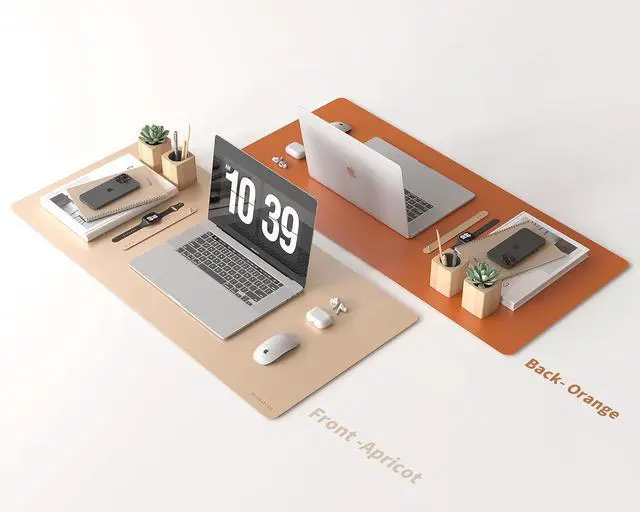 Alt view image 2 of 7 - Double-Sided Two-Tone Faux Leather Desk mat Desktop Organization and Accessories Home and Office Large Mouse pad Game and Work (Apricot/Orange, 36"x17")