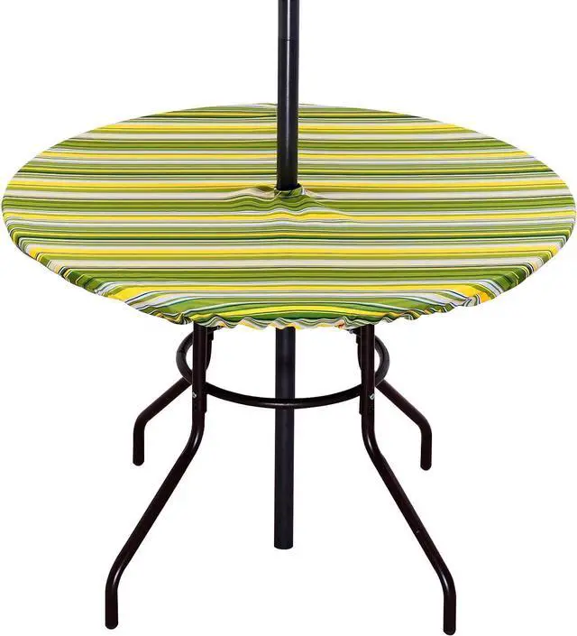 Main image of Fitted Round Outdoor Tablecloth, Polyester SpillProof Green Stripe Table Cloth with Umbrella Hole Zipper Elastic for Patio Garden Poolside Picnic Fits to 32"-38" Patio Table