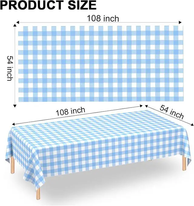 Alt view image 2 of 7 - 2 Pack Light Blue Gingham Tablecloth Rectangular Pale Blue and White Checkered Tablecloths Disposable Plastic Plaid Table Cover for Parties, Outdoor Picnic, Birthday, Wedding, Camping 54 × 108 Inch