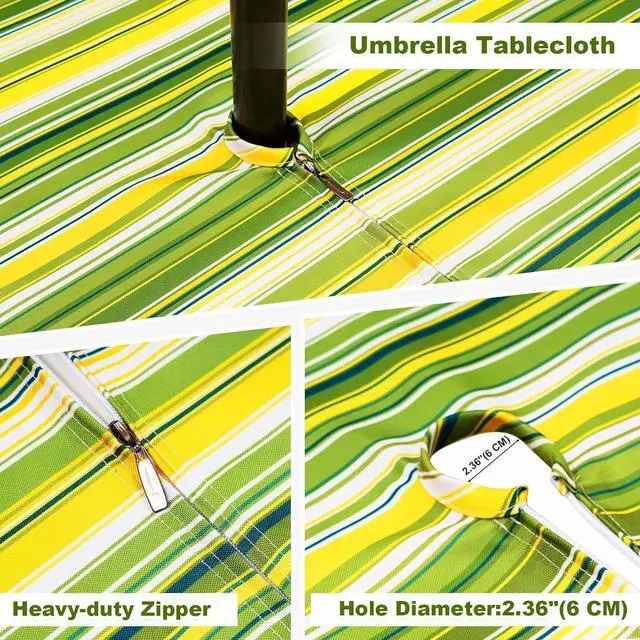 Alt view image 3 of 7 - Fitted Round Outdoor Tablecloth, Polyester SpillProof Green Stripe Table Cloth with Umbrella Hole Zipper Elastic for Patio Garden Poolside Picnic Fits to 32"-38" Patio Table