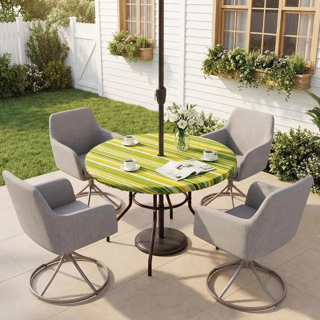 Alt view image 5 of 7 - Fitted Round Outdoor Tablecloth, Polyester SpillProof Green Stripe Table Cloth with Umbrella Hole Zipper Elastic for Patio Garden Poolside Picnic Fits to 32"-38" Patio Table