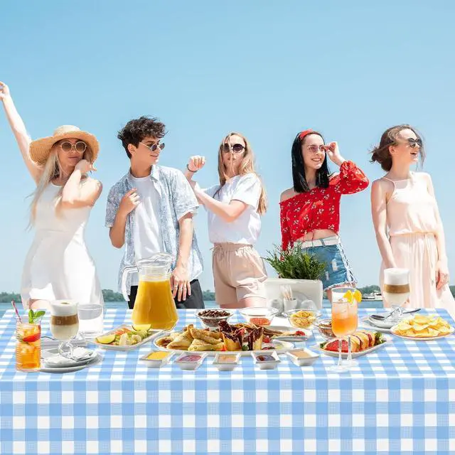 Alt view image 4 of 7 - 2 Pack Light Blue Gingham Tablecloth Rectangular Pale Blue and White Checkered Tablecloths Disposable Plastic Plaid Table Cover for Parties, Outdoor Picnic, Birthday, Wedding, Camping 54 × 108 Inch