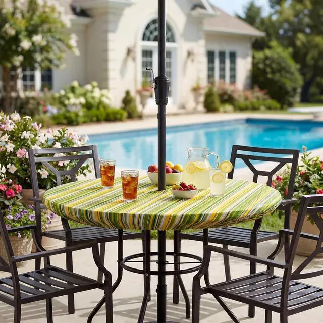 Alt view image 4 of 7 - Fitted Round Outdoor Tablecloth, Polyester SpillProof Green Stripe Table Cloth with Umbrella Hole Zipper Elastic for Patio Garden Poolside Picnic Fits to 32"-38" Patio Table