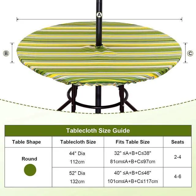 Alt view image 6 of 7 - Fitted Round Outdoor Tablecloth, Polyester SpillProof Green Stripe Table Cloth with Umbrella Hole Zipper Elastic for Patio Garden Poolside Picnic Fits to 32"-38" Patio Table