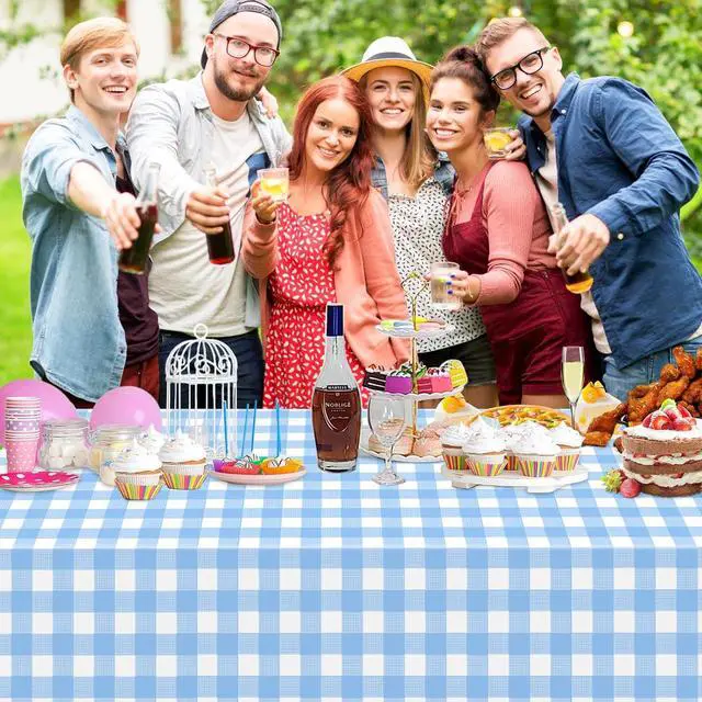 Alt view image 5 of 7 - 2 Pack Light Blue Gingham Tablecloth Rectangular Pale Blue and White Checkered Tablecloths Disposable Plastic Plaid Table Cover for Parties, Outdoor Picnic, Birthday, Wedding, Camping 54 × 108 Inch