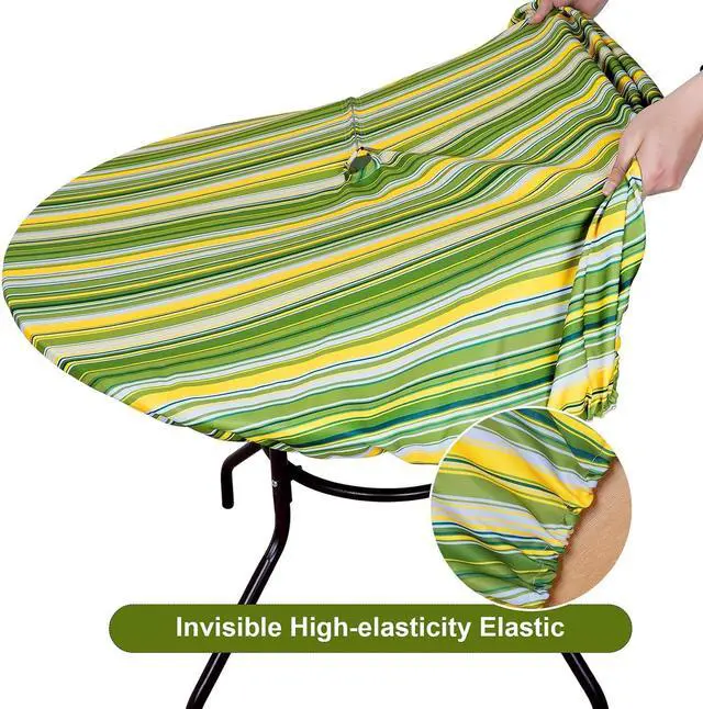Alt view image 7 of 7 - Fitted Round Outdoor Tablecloth, Polyester SpillProof Green Stripe Table Cloth with Umbrella Hole Zipper Elastic for Patio Garden Poolside Picnic Fits to 32"-38" Patio Table