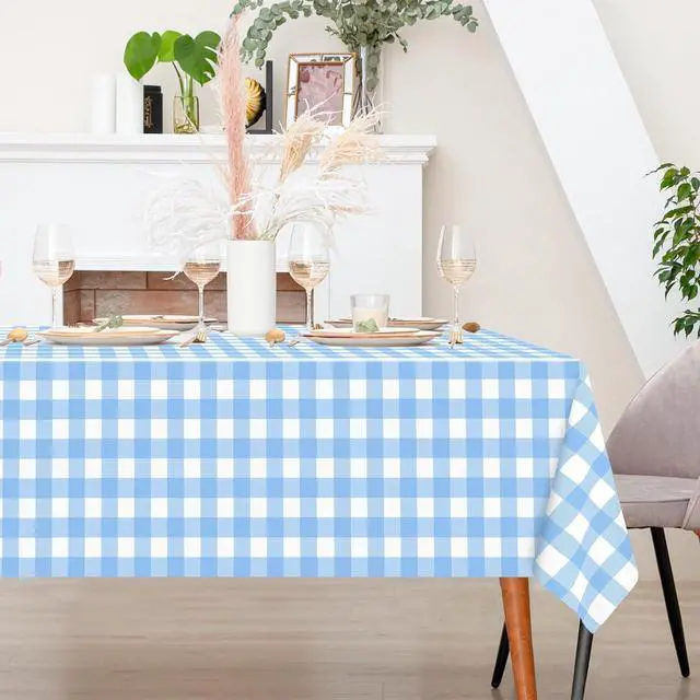 Alt view image 7 of 7 - 2 Pack Light Blue Gingham Tablecloth Rectangular Pale Blue and White Checkered Tablecloths Disposable Plastic Plaid Table Cover for Parties, Outdoor Picnic, Birthday, Wedding, Camping 54 × 108 Inch
