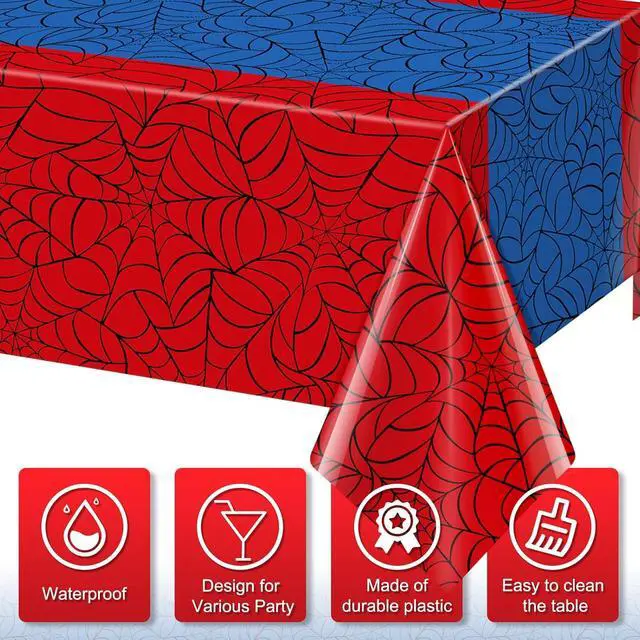 Alt view image 3 of 7 - 3Pcs Spider Web Themed Birthday Party Tablecloths Decorations,Red Blue Hero Plastic Table Cover Disposable Rectangle Table Cloth for Baby Shower Kids Boys Birthday Party Supplies,54x108 Inch