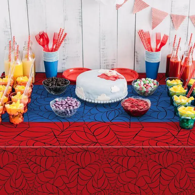 Alt view image 5 of 7 - 3Pcs Spider Web Themed Birthday Party Tablecloths Decorations,Red Blue Hero Plastic Table Cover Disposable Rectangle Table Cloth for Baby Shower Kids Boys Birthday Party Supplies,54x108 Inch