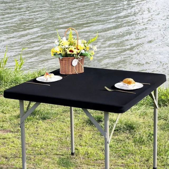 Main image of Card Table Covers Fitted Square Elastic Tablecloth, Black 34x34 in