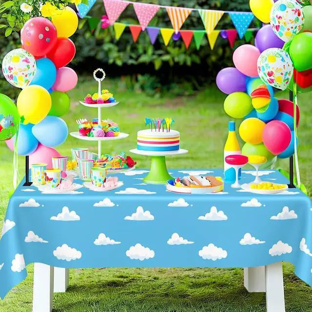 Alt view image 2 of 7 - 3 PCS Blue Sky and White Clouds Tablecloth Birthday Party Supplies 54 x108 Inch Cartoon Story Table Cloth Plastic Sky Clouds Backdrop Tablecover Cartoon Table Banner for Baby Shower Boy Girl Birthday