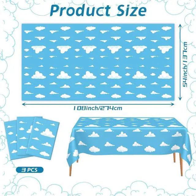 Alt view image 3 of 7 - 3 PCS Blue Sky and White Clouds Tablecloth Birthday Party Supplies 54 x108 Inch Cartoon Story Table Cloth Plastic Sky Clouds Backdrop Tablecover Cartoon Table Banner for Baby Shower Boy Girl Birthday