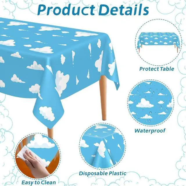 Alt view image 4 of 7 - 3 PCS Blue Sky and White Clouds Tablecloth Birthday Party Supplies 54 x108 Inch Cartoon Story Table Cloth Plastic Sky Clouds Backdrop Tablecover Cartoon Table Banner for Baby Shower Boy Girl Birthday