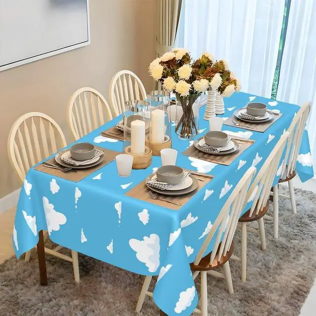 Alt view image 6 of 7 - 3 PCS Blue Sky and White Clouds Tablecloth Birthday Party Supplies 54 x108 Inch Cartoon Story Table Cloth Plastic Sky Clouds Backdrop Tablecover Cartoon Table Banner for Baby Shower Boy Girl Birthday