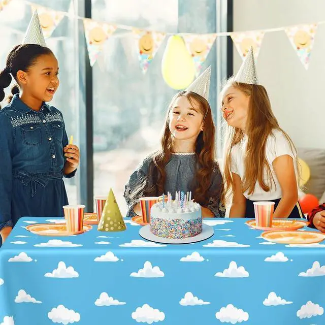 Alt view image 5 of 7 - 3 PCS Blue Sky and White Clouds Tablecloth Birthday Party Supplies 54 x108 Inch Cartoon Story Table Cloth Plastic Sky Clouds Backdrop Tablecover Cartoon Table Banner for Baby Shower Boy Girl Birthday