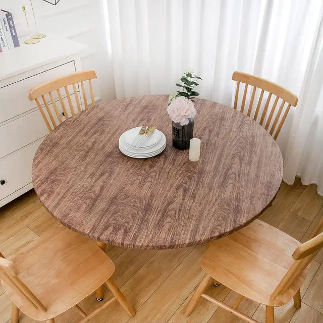Alt view image 2 of 7 - Round Vinyl Fitted Tablecloth with Flannel Backing Elastic Table Cloth Waterproof Oil-Proof Plastic Table Cover Best for 37"-44" Round