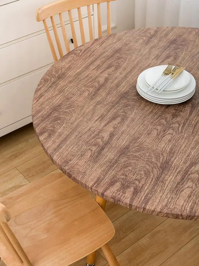 Alt view image 3 of 7 - Round Vinyl Fitted Tablecloth with Flannel Backing Elastic Table Cloth Waterproof Oil-Proof Plastic Table Cover Best for 37"-44" Round