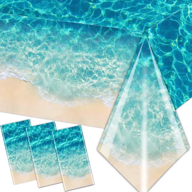 Main image of Ocean Waves Tablecloth, 3Pcs Summer Beach Pool Party Decorations Tablecloth Plastic Beach Ocean Water Print Table Cover for Hawaiian Party Birthday Supplies 54X108inch