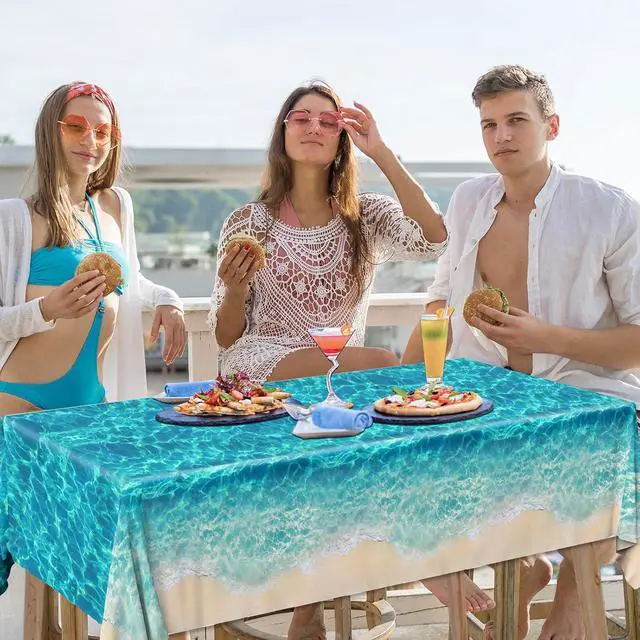 Alt view image 3 of 6 - Ocean Waves Tablecloth, 3Pcs Summer Beach Pool Party Decorations Tablecloth Plastic Beach Ocean Water Print Table Cover for Hawaiian Party Birthday Supplies 54X108inch