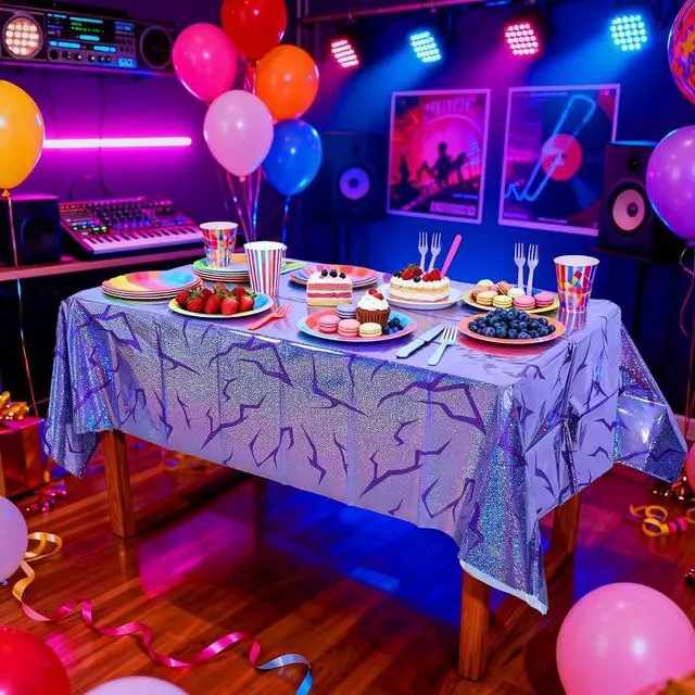 Alt view image 2 of 7 - 3PCS Demon Hunters Birthday Tablecloth Decorations, Purple Demon Energy Pattern Grad 9FT Tablecover Sparkling Holographic Laser Korean Idol Movie Decor for KidsParty Birthday Graduation Bachelor