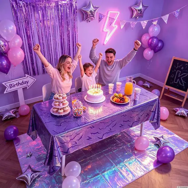 Alt view image 4 of 7 - 3PCS Demon Hunters Birthday Tablecloth Decorations, Purple Demon Energy Pattern Grad 9FT Tablecover Sparkling Holographic Laser Korean Idol Movie Decor for KidsParty Birthday Graduation Bachelor