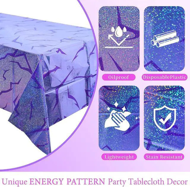 Alt view image 5 of 7 - 3PCS Demon Hunters Birthday Tablecloth Decorations, Purple Demon Energy Pattern Grad 9FT Tablecover Sparkling Holographic Laser Korean Idol Movie Decor for KidsParty Birthday Graduation Bachelor