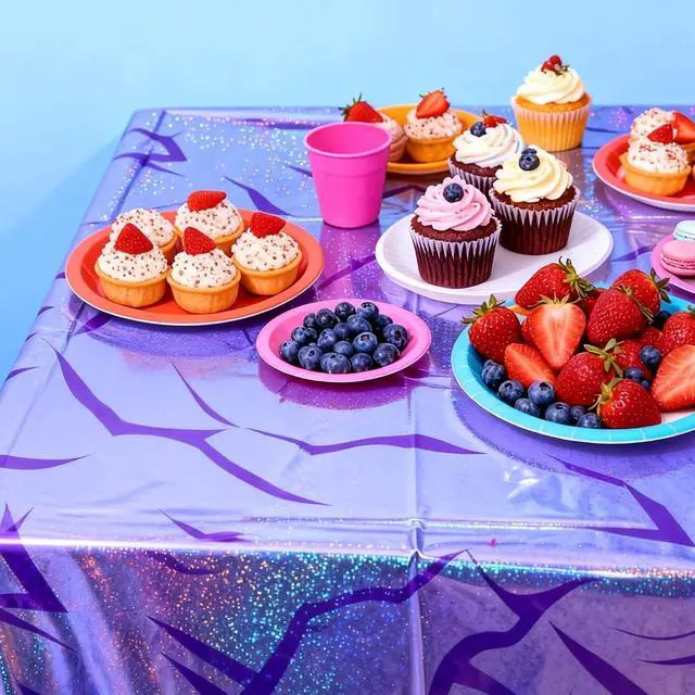 Alt view image 6 of 7 - 3PCS Demon Hunters Birthday Tablecloth Decorations, Purple Demon Energy Pattern Grad 9FT Tablecover Sparkling Holographic Laser Korean Idol Movie Decor for KidsParty Birthday Graduation Bachelor