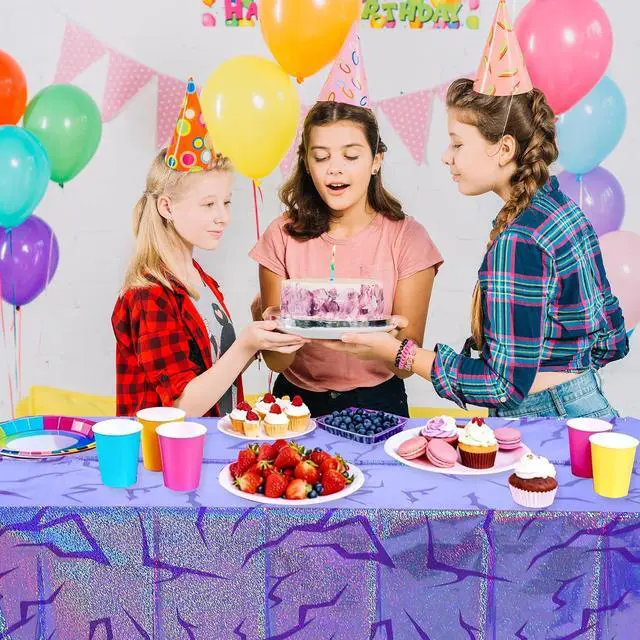 Alt view image 7 of 7 - 3PCS Demon Hunters Birthday Tablecloth Decorations, Purple Demon Energy Pattern Grad 9FT Tablecover Sparkling Holographic Laser Korean Idol Movie Decor for KidsParty Birthday Graduation Bachelor