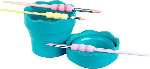 Alt view image 2 of 7 - Clic & Go Portable Paint Water Cup with Brush Holder, Turquoise - Collapsible Paint Brush Cleaner Rinse Cup, Travel Friendly Painting Accessories
